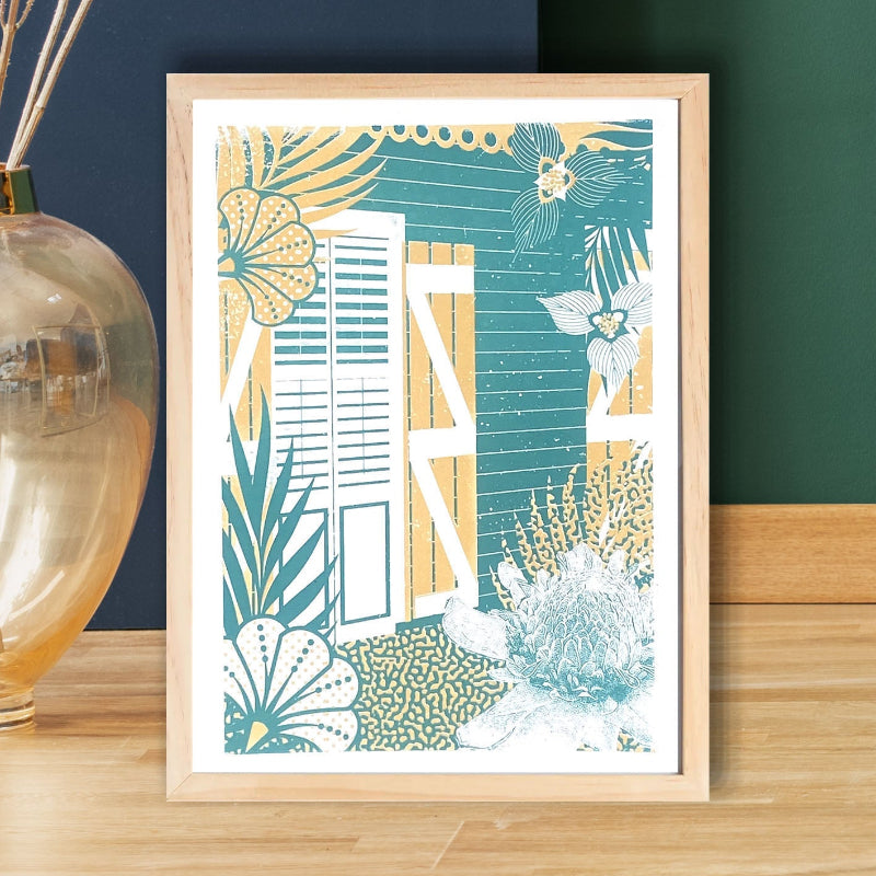 Sérigraphie Jardin Exotique – tirage limité 2 couleurs dont jaune pailleté, impression artisanale tropicale