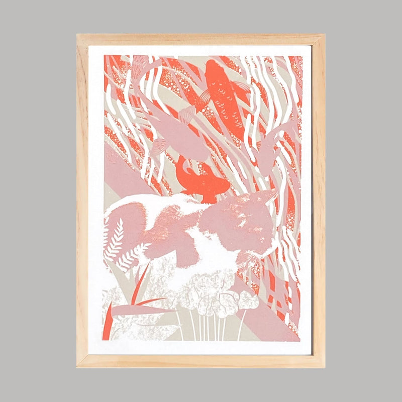 Sérigraphie Poisson Chat – tirage limité 2 couleurs imprimé à la main, création artisanale au thème marin et poétique