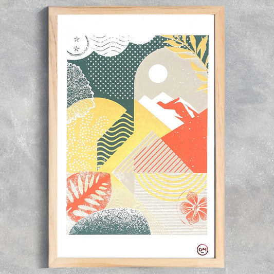 Sérigraphie artisanale « Ailleurs Montagne » – tirage d’art 4 couleurs avec encre dorée, imprimé à la main en France, décoration murale contemporaine.
