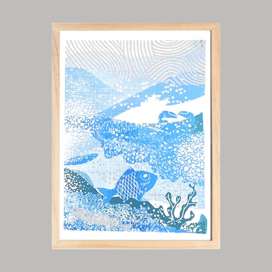Sérigraphie fait main, artisanal, décoration d'intérieure avec cadre, impression fond marin