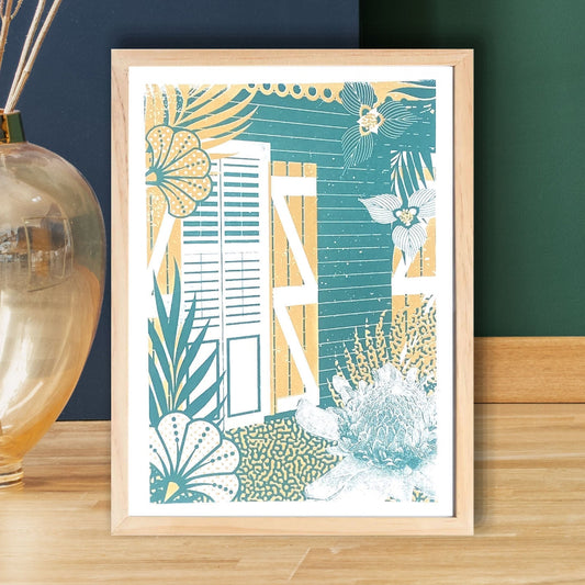 Sérigraphie Jardin Exotique – tirage limité 2 couleurs dont jaune pailleté, impression artisanale tropicale