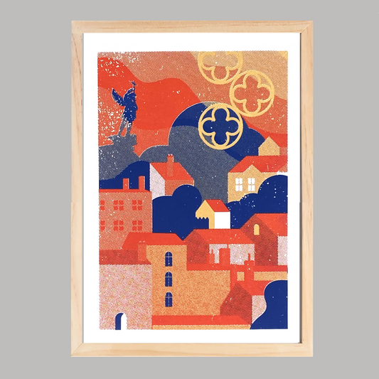 Sérigraphie artisanale « Les Pentes » – tirage d’art 3 couleurs imprimé à la main en France, représentant un village côtier sur les falaises, décoration murale méditerranéenne.