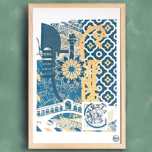 Sérigraphie artisanale « Venise » – tirage d’art 3 couleurs bleu et or, imprimé à la main en France, œuvre décorative inspirée des canaux et reflets vénitiens.