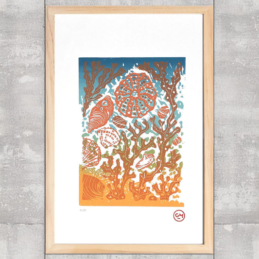 Sérigraphie Jardin Marin Couleur – tirage limité 3 couleurs imprimé à la main, création artisanale inspirée de la mer et du végétal