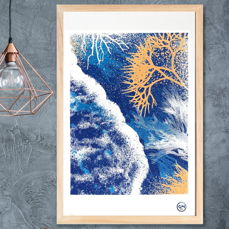 Sérigraphie La Vague – tirage limité 3 couleurs imprimé à la main, création artisanale inspirée du mouvement de la mer