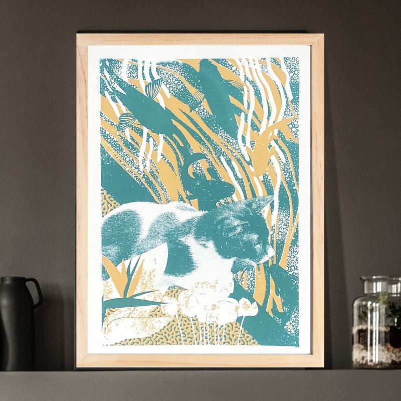 Sérigraphie Poisson Chat – tirage limité 2 couleurs dont jaune pailleté, impression artisanale lumineuse et poétique