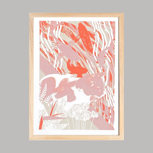 Sérigraphie Poisson Chat – tirage limité 2 couleurs imprimé à la main, création artisanale au thème marin et poétique